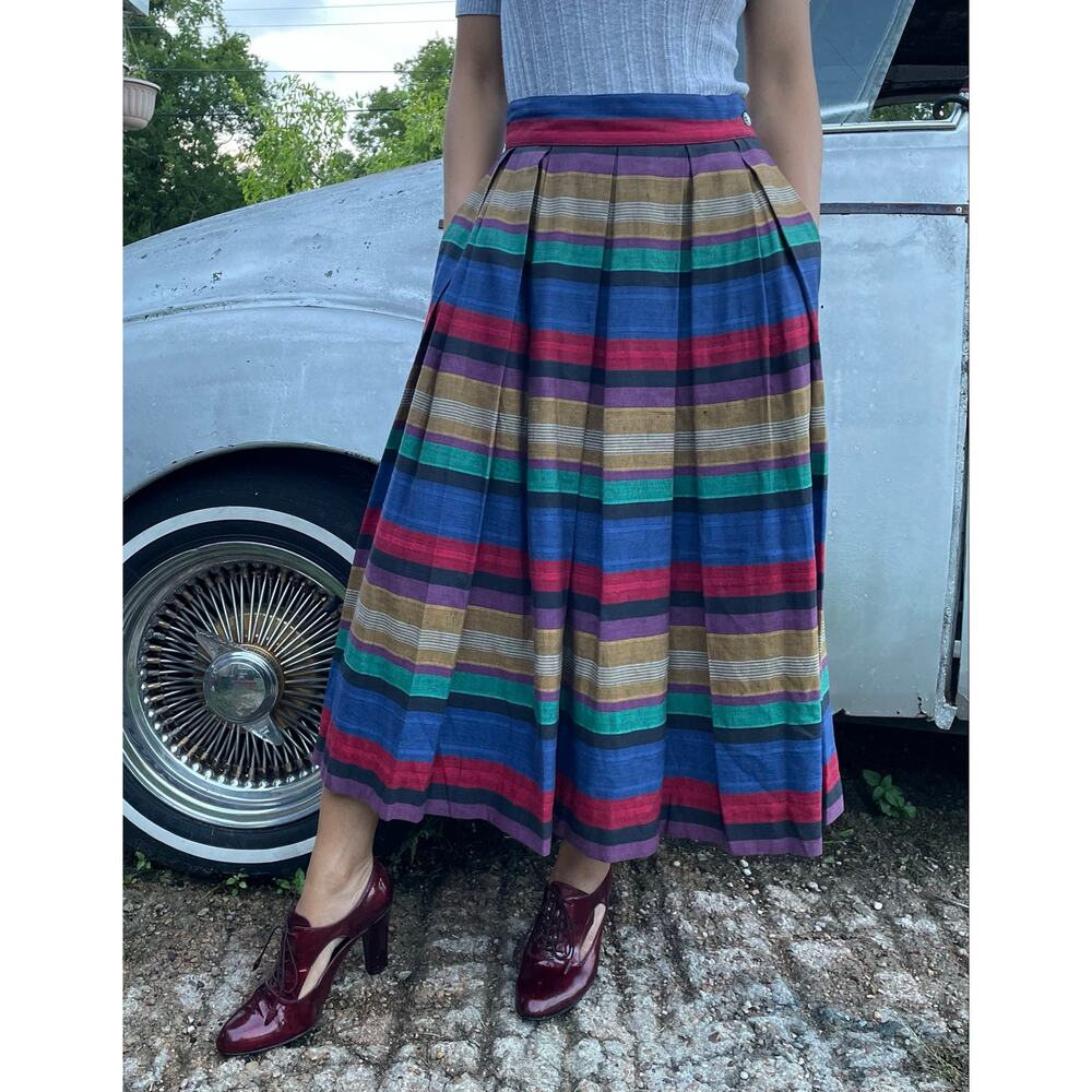 š„Vintage Liz Claiborne Linen Blend Rainbow Pleated Midi Skirt Cottage Academia - Picture 2 of 9